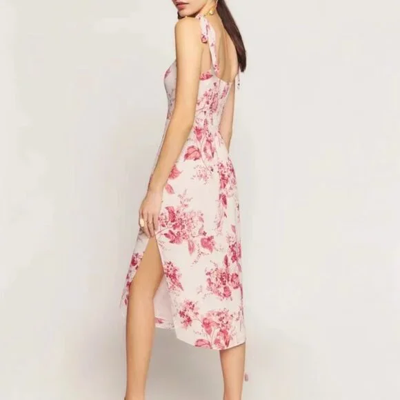 NWT Reformation Besse Midi Floral Dress Sz0/2 Paris Red Pink Floral